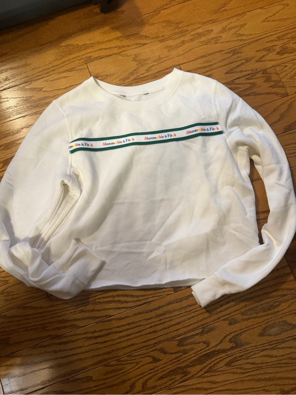 Abercrombie & Fitch White Crewneck Sweatshirt with Green and Red Logo Stripe